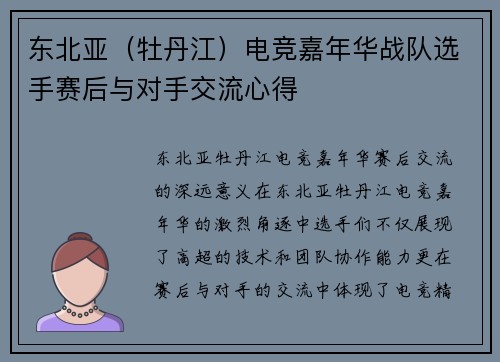 东北亚（牡丹江）电竞嘉年华战队选手赛后与对手交流心得