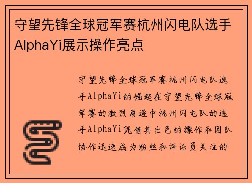 守望先锋全球冠军赛杭州闪电队选手AlphaYi展示操作亮点